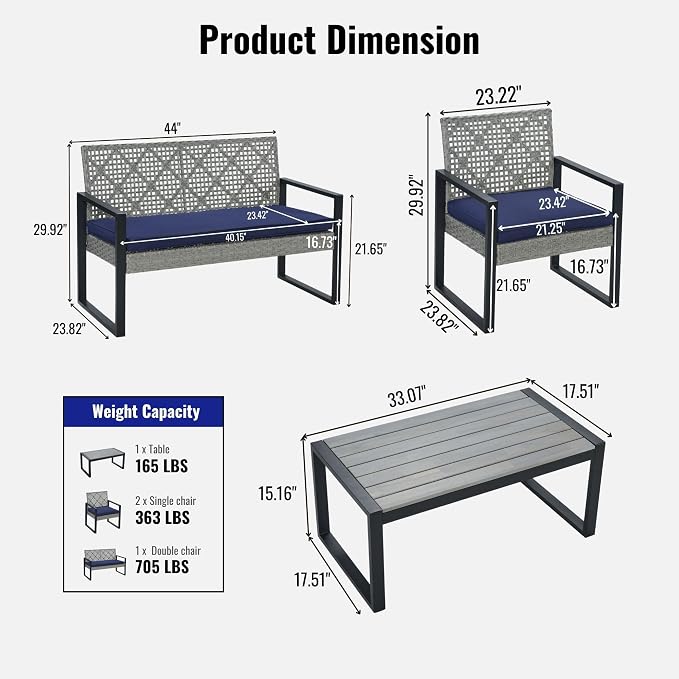 4 Piece Patio Furniture Set, Wicker Rattan Outdoor Furniture with Cushion, Patio Conversation Sets with Chairs Loveseat and Coffee Table for Outdoor, Porch, Yard, Poolside, Balcony, Lawn (Light Gray)