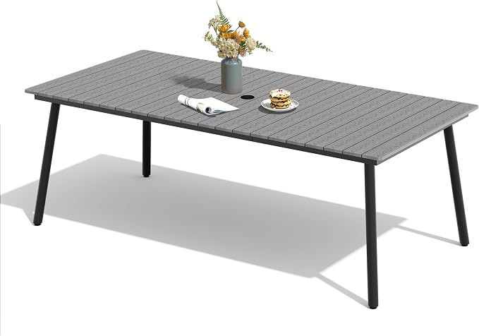 83" Patio Outdoor Dining Table for 6-8, Weather-Resistant Wood-Grain Top with Aluminum Frame & Umbrella Hole for Deck Gatherings, Grey