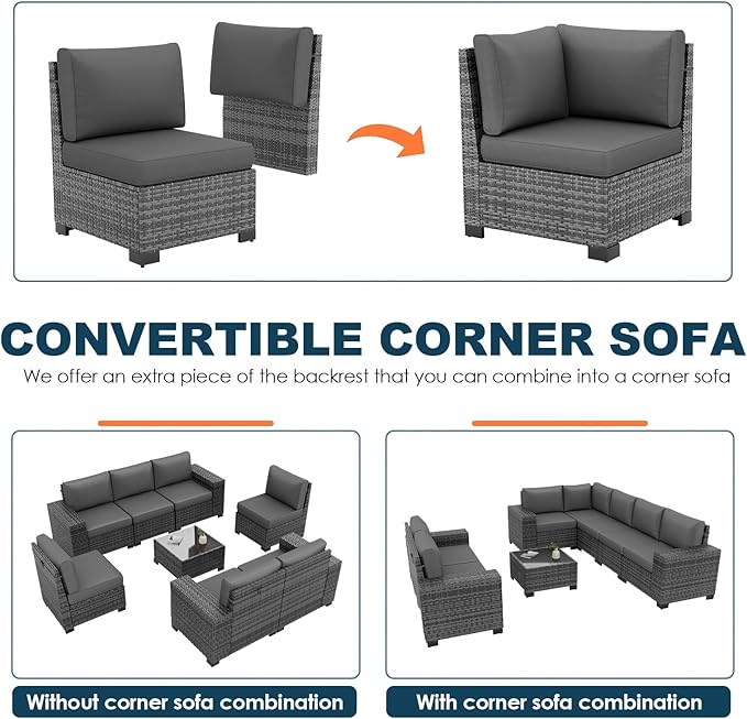 Patio Furniture Set, 8 Pieces Outdoor Sectional Sofa Conversation Sets with Waterproof Cover Modern Wicker Seating Set, 4'' Thickened Cushions 1 Glass Coffee Table 2 Armless Sofas, Grey