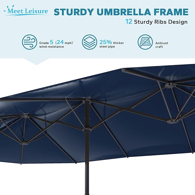 12.5ft Outdoor Patio Double-sided Umbrella with Crank Handle, Large Umbrella for Garden, Poolside, Backyard (Navy)
