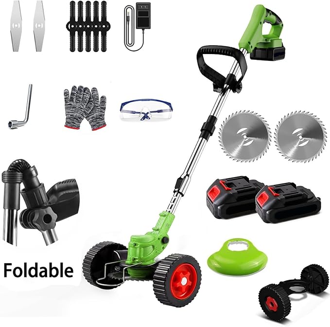 Cordless Garden Strimmers,Electric Cordless 48v Grass Strimmer with 2 X 2000mAh Battery, Adjustable Metal Blades,Garden Trimmer Telescopic Lightweight with Roller, 850W, for Gardens,Park Lawns (Green)