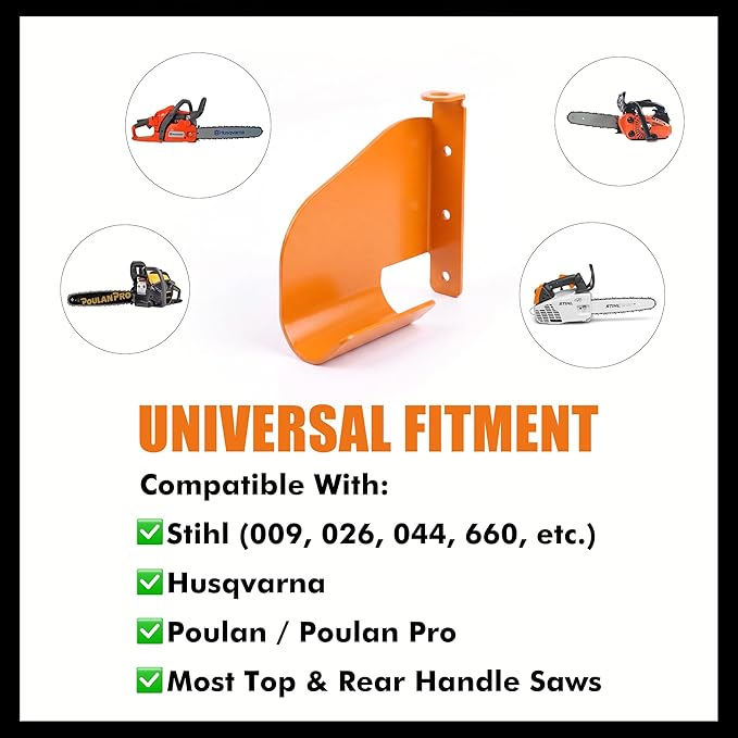 Chainsaw Hanger Holder – 304 Stainless Steel Wall Mount Bracket, Heavy Gauge, Powder-Coated Orange, Fits Stihl 009 011 200T 201T 024 026 360 362 044 660 661, Poulan, Poulan Pro, Husqvarna