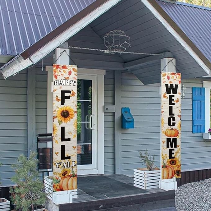 Thanksgiving Give Thanks Porch Banner Sign, Fall Pumpkin Patch Maple Leaves Front Door Decorative Hanging Welcome Banner Flag, Autumn Welcome Farmhouse Decoration Home Outdoor Yard Decor