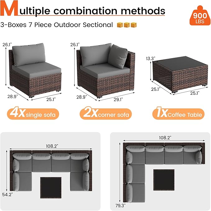 8 Piece Patio Furniture Set with 44" Fire Pit Table, Outdoor Sectional Wicker Rattan Sofa Set with Coffee Table (Grey/Brown)