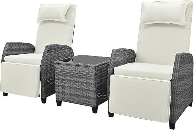 LUMISOL Outdoor Recliner Chairs Set of 2, Patio Rocking Chairs Set with Adjustable Footrest, Outdoor Reclining Chairs with Wicker Coffee Table for Courtyard, Porch (Beige)