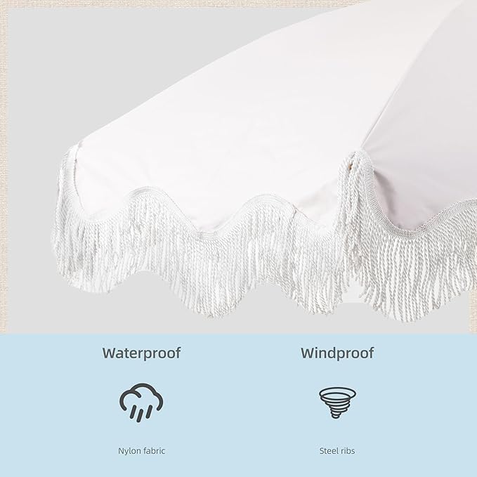 Rayjee 6.5FT Patio Umbrella with Fringe, Portable Boho Beach Umbrella, Tilt & Adjustable Height, 2-Piece Aluminum Pole for Pool, Garden, Deck & Beach