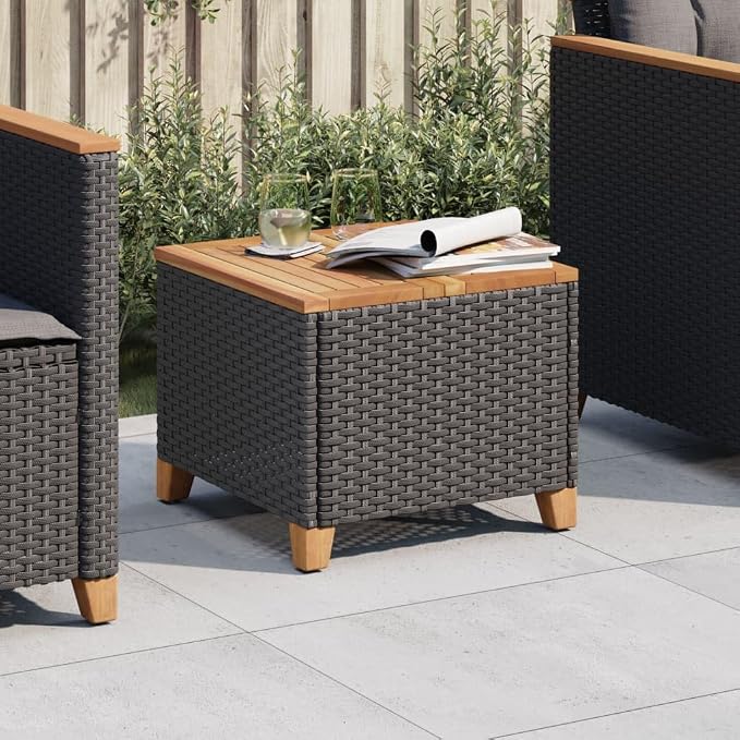 vidaXL Patio Coffee Table - Square, Poly Rattan, Acacia Wood, Black & Brown, Outdoor Furniture for Garden, Backyard, Patio, 17.7"x17.7"x14.6"