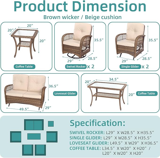 MEETWARM 7 Pieces Outdoor Patio Rattan Furniture Sets, All Weather Patio Wicker Conversation Set- 2 Rocking Glider, 2 Swivel Chairs, 1 Loveseat Glider with Cushions, 2 Glass-Top Coffee Table, Beige