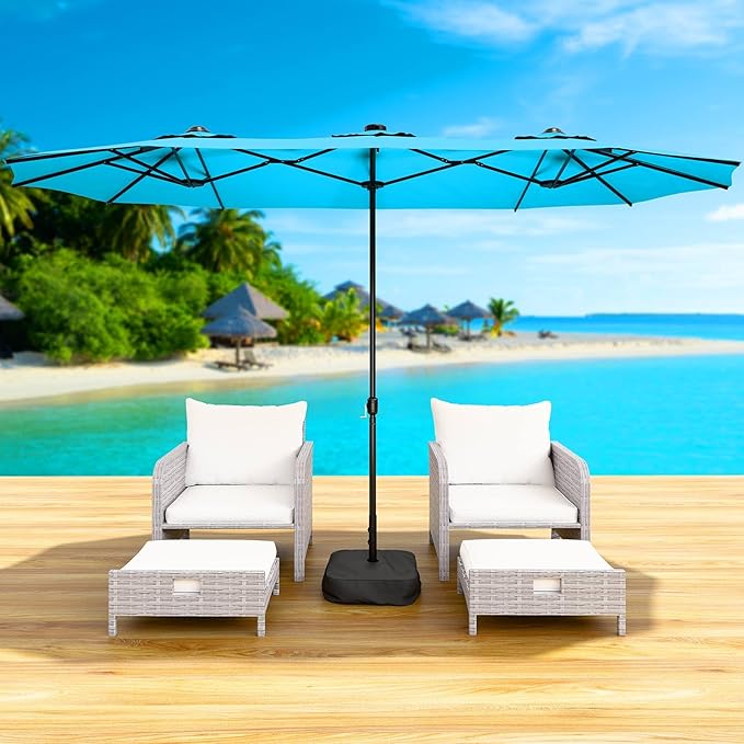 CHABATREE 15FT Double-Sided Patio Umbrella with Base Included, Large Outdoor Rectangular Market Umbrella for Backyard, Poolside, Lawn & Garden, Lake Blue