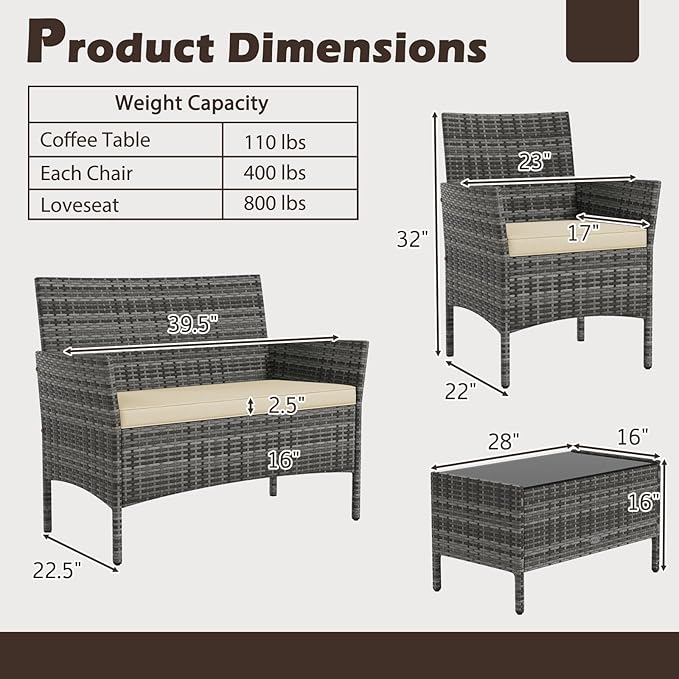Tangkula 8 Pieces Patio Rattan Conversation Set, Outdoor Wicker Furniture Set with Cushioned Chair, Loveseat & Tempered Glass Table, Outside Sectional Sofa Set for Backyard (G-Beige,2)