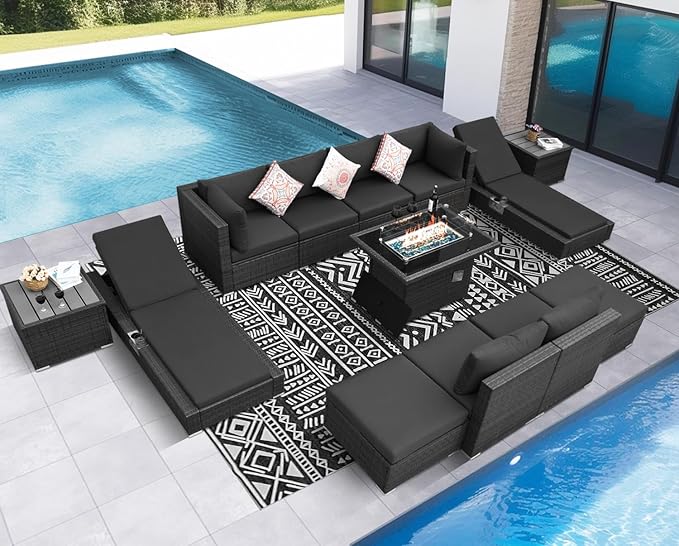 NICESOUL 13 Piece Outside Patio Set with Firepit Table, Luxury Full Size Outdoor Sectional Sofas with Pool Loungers, Oversized 29.3" Highback Wide Deep Backyard Fire Pit Seating for 10, Dark Grey