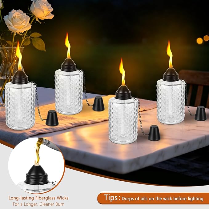 KintKita Glass Torches for Outside 4 Pack, 12oz Table Top Citronella Torch Outdoor Lighting, Refillable Tabletop Torch Includes Wick & Cap for Outside Patio & Backyard Parties Décor (White