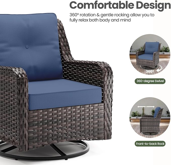 ALAULM 7 Pieces Patio Furniture Set,High Back Wicker Outdoor Sectional Furniture Set with Swivel Chairs & Coffee Table, Patio Conversation Set Thick Cushion for Backyard, Deck, Porch-Navy