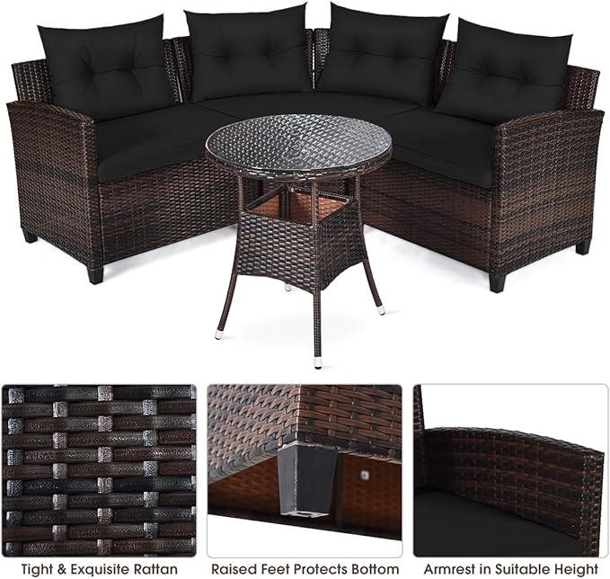 HAPPYGRILL 4 Pieces Outdoor Patio Furniture Set Wicker Sectional Sofa L-Shape with Round Tempered Glass Top Table & Cushions Modern Conversation Set Curved Sofa Set for Garden Poolside Balcony