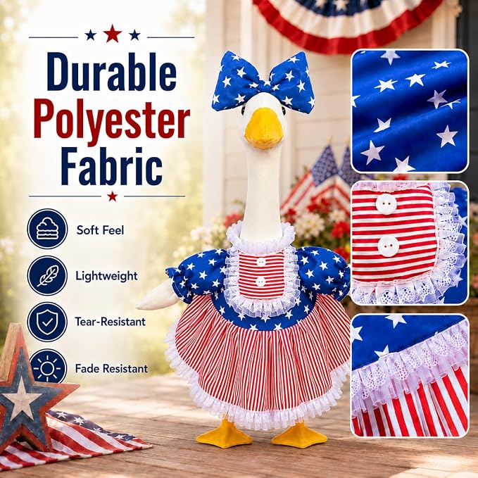 4th of July Porch Goose Outfits for 23 Inch Goose Statue, Patriotic Red White and Blue Porch Goose Dress with Star Bow, Summer Sculpture Clothes for Independence Day Garden Patio Decor
