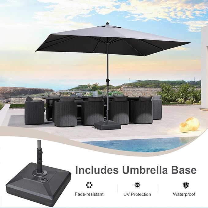 PURPLE LEAF 11.5' x 9' Rectangle Patio Market Umbrella with Base Outdoor Table Umbrellas Aluminum Frame Sun Shade with 8 Sturdy Ribs for Garden Deck Lawn Pool Gray