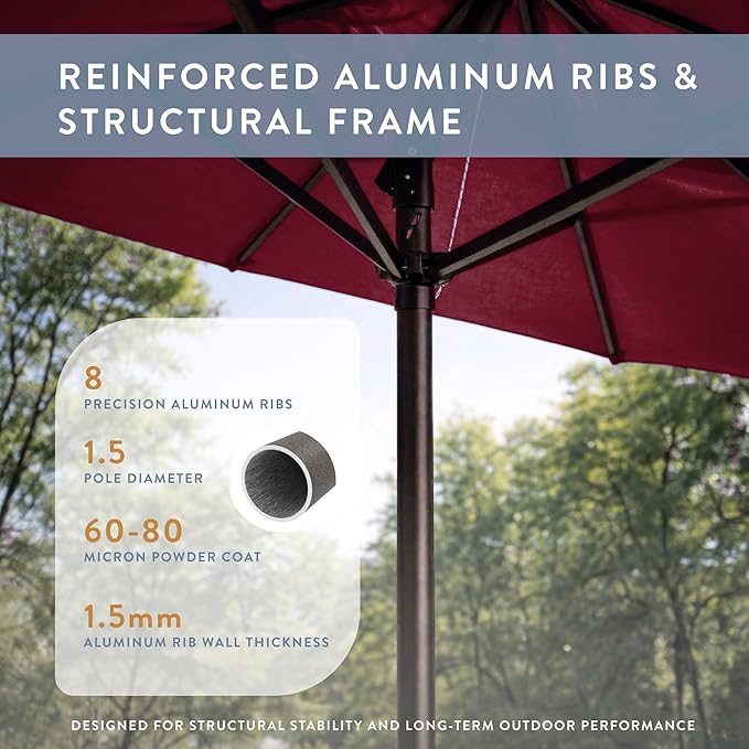 California Umbrella 10-Year Protection 9 Ft Outdoor Patio Umbrella, Pacifica Fade-Resistant Fabric, Auto-Tilt, Heavy Duty Aluminum Frame, 8 Reinforced Ribs for Pool or Deck, Bronze Pole, Burgundy