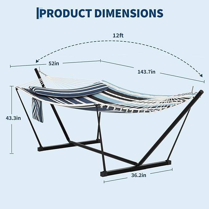 2 Person Double Hammock with Stand & Pillow, 450 LBS Heavy Duty Outdoor Hammock with Balance Rope for Patio Backyard Poolside