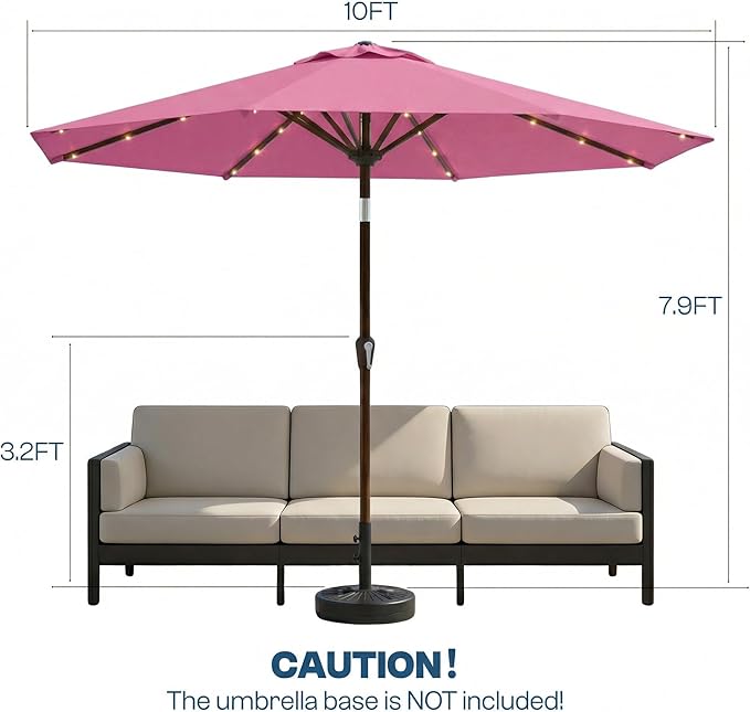 10FT Solar Patio Umbrella with Lights, Outdoor Table Market Umbrella with 32 LED Lights, 8 Sturdy Ribs, Push Button Tilt and Crank for Pool, Deck and Garden, UV-Resistant