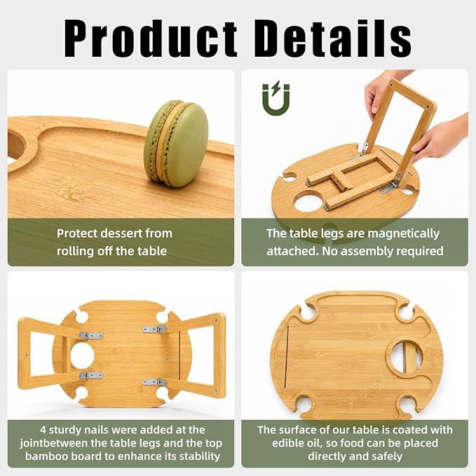 Wine Picnic Table with 4 Glass Holders, Small Portable Picnic Beachtable, Foldable Bamboo Outdoor Charcuterie Table, Low Picnic Snack Tray for Camping, Beach, Includes Cheese Knife Set & Tote Bag