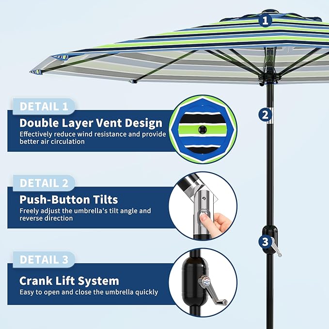 Garvee 10FT Patio Umbrella - Outdoor Table Umbrella with Smooth Crank Lift, Push Button Tilt and 8 Sturdy Ribs - Market Umbrella UV Protection Waterproof for Pool, Deck, Yard, Garden