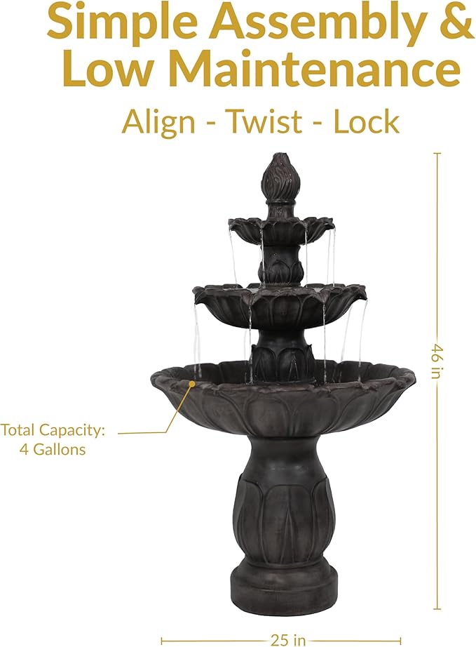 Sunnydaze Classic Tulip 46" Tiered Outdoor Water Fountain - 3-Tiered Outdoor Fountain for Garden, Patio, or Backyard - Dark Brown
