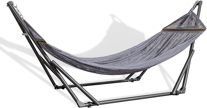 Best Home Fashion Portable Hammock with Collapsible Steel Stand, 600 lbs Capacity, No Tools Assembly, Carrying Bag Included, Perfect for Indoor Outdoor Backyard Patio Camping Beach, 2 Person, Grey