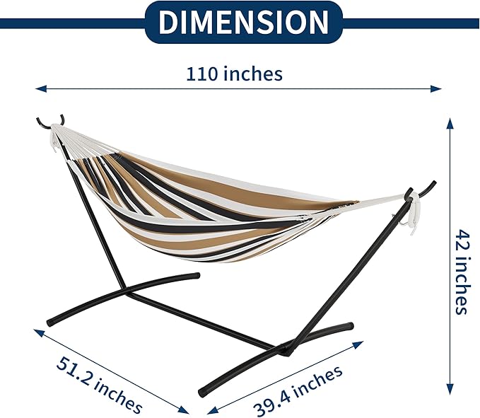 Double Hammock with Stand - Heavy Duty 450lbs Capacity, Portable Cotton Hammock for Two Adults, Indoor & Outdoor Use with Travel Bag(Coffee)