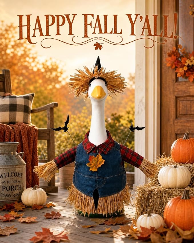 Scarecrow Porch Goose Outfits, 23 Inch Fall Geese Costume with Straw Hat | Porch goose fall outfit with hat & bat decor. Halloween thanksgiving yard decor for concrete statue, gift for mom grandma.