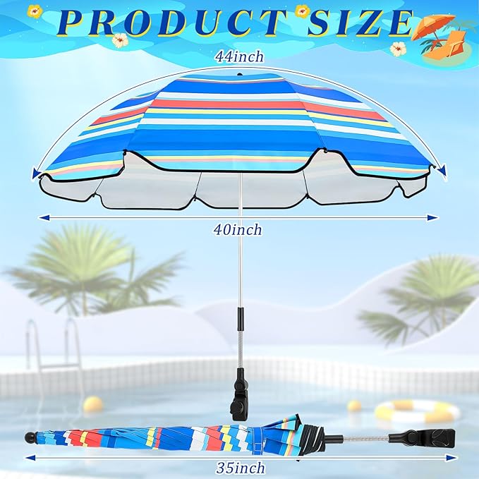 Buryeah 2 Pcs Beach Chair Umbrella Automatic with Universal Adjustable Clamp 44" UPF 50+ Portable Clamp on Beach Chair for Wheelchair Patio Golf Carts Camping