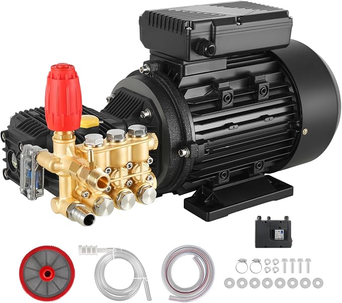 VEVOR Electric Pressure Washer Pump Kit, 1950 PSI, 3.2 GPM, Triplex Power Washer Pump with 5 HP Motor 240 V, Adjustable Water Pressure, for Washing Cars, Gardens, Exterior Walls, Machinery Equipment