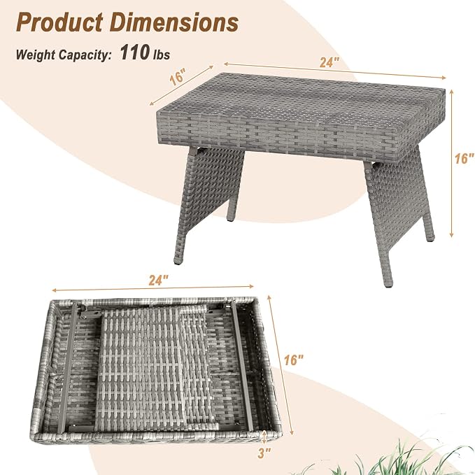 RELAX4LIFE Patio Rattan Side Table - Folding Coffee Table with Premium Brown PE Wicker & High-Duty Steel Frame, Outdoor Beside Table for Garden, Courtyard, Poolside (Gray)