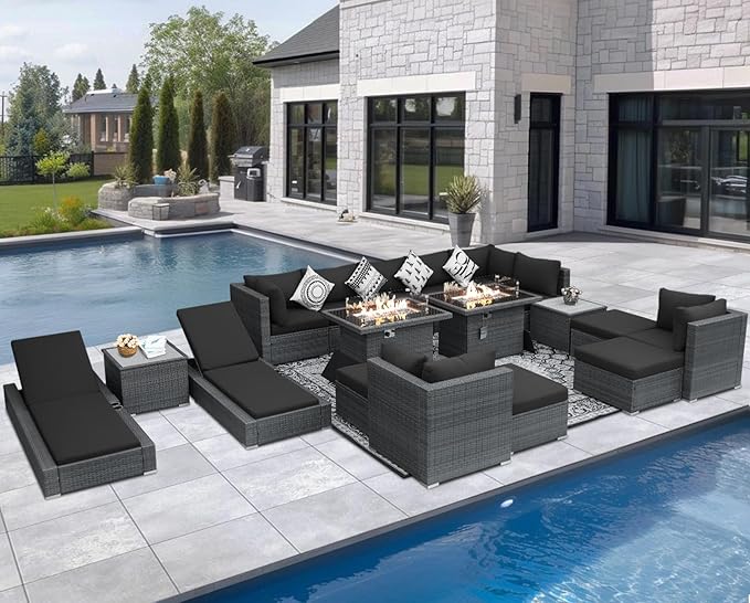 NICESOUL 18 Piece Extra Large Luxury Patio Furniture Set with Firepit, Outdoor Sectional with Chaise Lounge, Comfy 29.3" High Back Couch Deep Seat, All-Weather Wicker Conversation Set, Dark Gray
