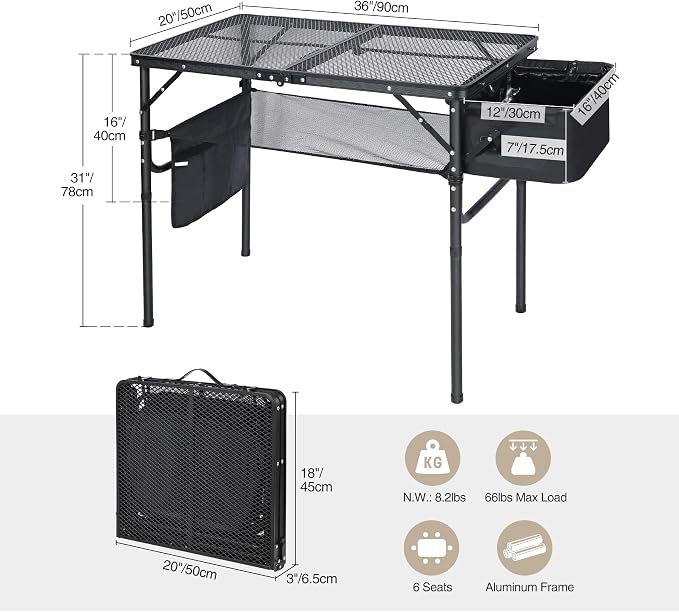 REDCAMP Folding Portable Grill Table with Sink for Outside, Lightweight Aluminum Metal Grill Stand Picnic Table for Camping Cooking BBQ RV Picnic, 2 Heights Adjustable,Black 36"x20"