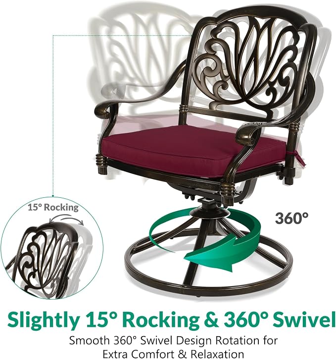 VIVIJASON 9-Piece Outdoor Furniture Dining Set, All-Weather Cast Aluminum Patio Conversation Set, Include 6 Stationary Chairs, 2 Swivel Dining Chairs and an Oval Table with Umbrella Hole, Red Cushion