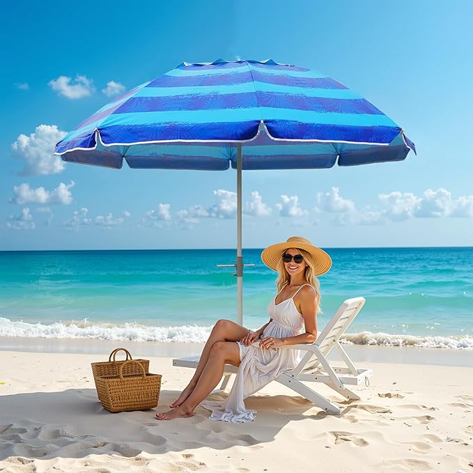 Beach Umbrella w/Sand Anchor & Tilt, Heavy Duty Wind Outdoor Umbrellas with Air Vents Design & Carry Bag, UV 50+ Protection Portable Sun Shade for Patio, Pool, Garden