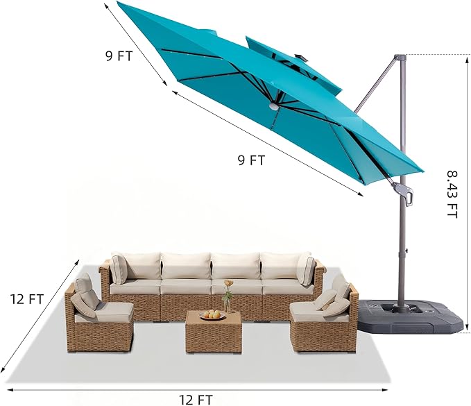 JZAC & QZYD 9x9 FT Outdoor Cantilever Patio Umbrella with Base Included and Solar LED Lights, Large Heavy Duty 2-Tier Square Aluminum Offset Umbrellas with 360-Degree Rotation for Pool Deck, Turquoise