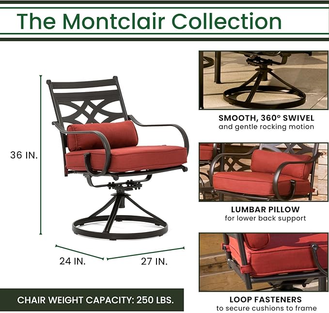 Hanover Montclair 3-Piece Patio Conversation Set, 2 Swivel Rocker Chairs with Comfortable Seat and Lumbar Cushions, 27" Square Stamped Rectangle Table, All-Weather Outdoor Bistro Set
