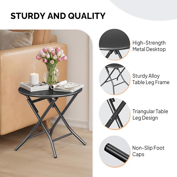 VINGLI Patio Metal Folding Side Table, Portable Small Outdoor Folding Round Table, Perfect for Indoor and Outdoor Spaces Like Balconies, Backyards, Porches, and Patios.Black（1 Pack）