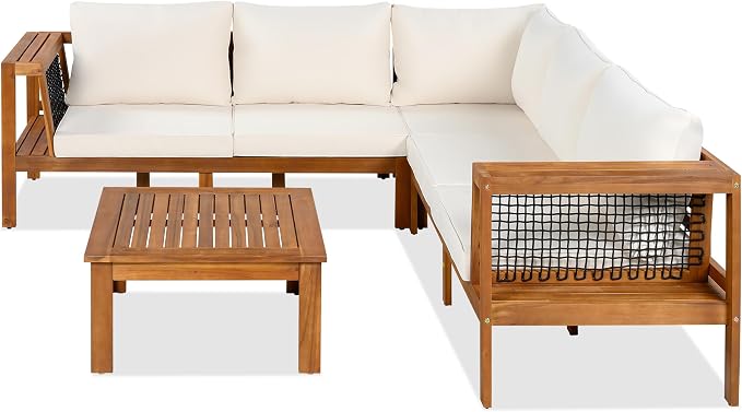 Merax Outdoor Patio Furniture Set 5 Seats, L-Shaped Outdoor Sectional Corner Sofa Set, Acacia Wood Conversation Sets with Washable Cushions & Coffee Table, Patio Furniture for Backyard, Porch, Beige