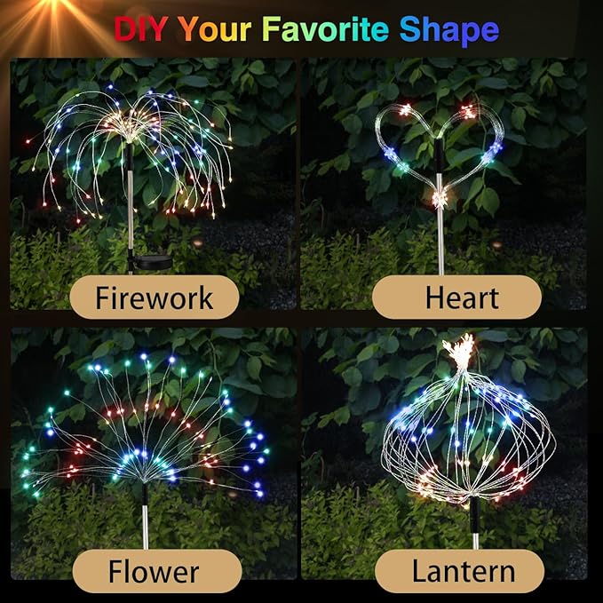 Lewondr Firework Solar Garden Lights, 120 LED Solar Firework Lights with 8 Lighting Modes, Waterproof Sparkler Starburst Solar Lights Outdoor for Yard Porch Patio Backyard Decor Present, 4 Pack