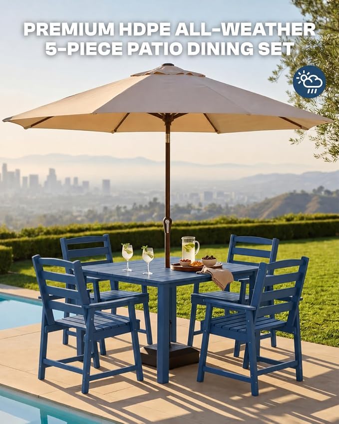 HDPE Outdoor Dining Set for 4, Square Table and Chairs, Navy | All-Weather HDPE, Wood Grain Finish, 42.5" Square Table, Built-In Umbrella Hole, Seats 4, Patio & Poolside Ready