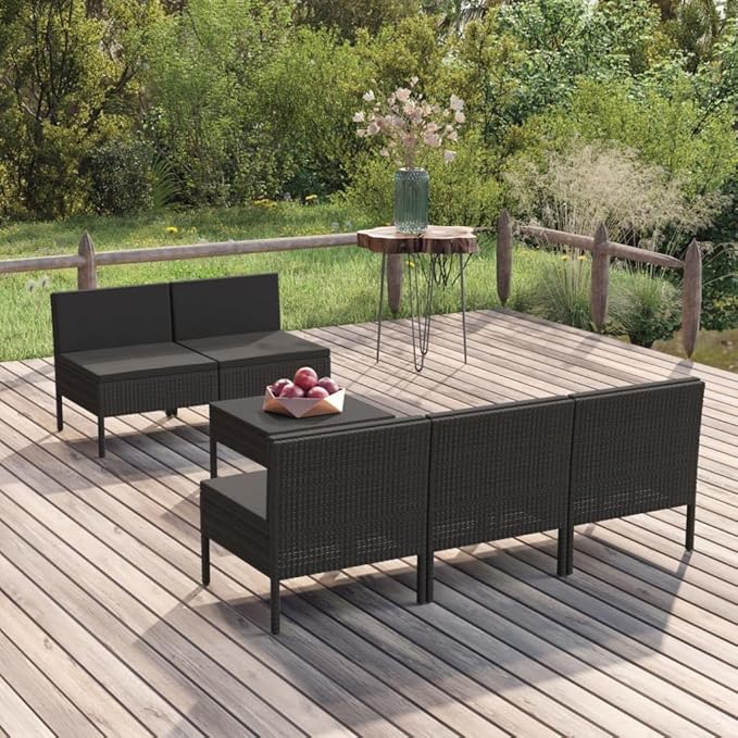 6 Piece Patio Lounge Set with Cushions,Patio Sofa,Outdoor Daybed,Patio Seating,Outdoor Furniture Sets,Patio Conversation Sets,Modern Set,Outdoor Patio Chairs,for Backyard,Garden,Poly Rattan Black
