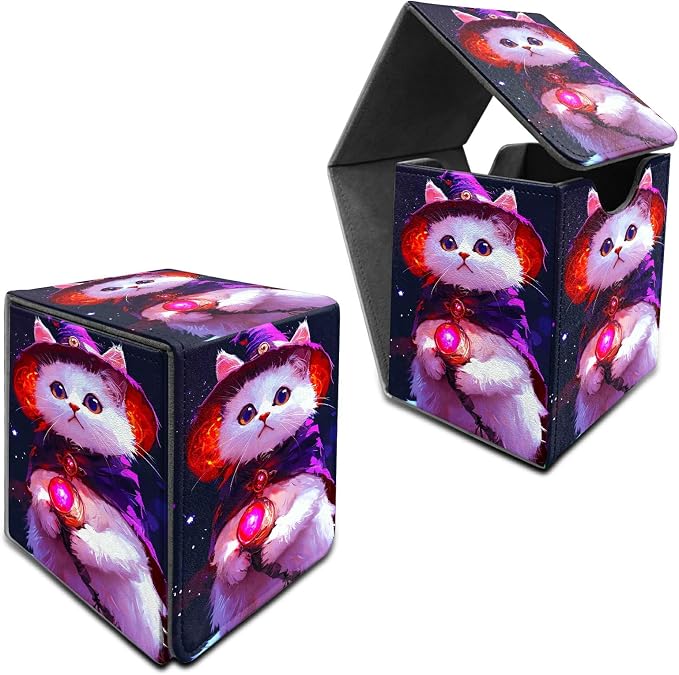 Deck Box for MTG, Cards Storage Box Fits 120+ Sleeved, Leather Medium Size Strong Magnetic Closing Card Case for Board Games Magic TCG CCG Baseball Collection, Purple White Cat