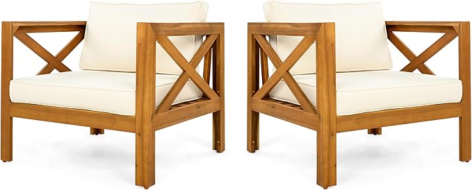 Christopher Knight Home Lucy Acacia Wood Outdoor Patio Furniture Set, 3 Pieces Patio Set, Round Side Table and ArmChairs Conversation Set with Cushion for Garden Lawn Balcony, Beige + Light Teak