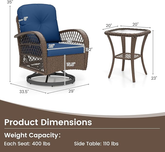 HAPPYGRILL 3 Pieces Outdoor Rattan Swivel Rocker Chairs Set with Tempered Glass Side Table, Outside Sectional Patio Conversation Furniture Set with Swivel Rocking Chairs for Deck Porch Garden (Navy)