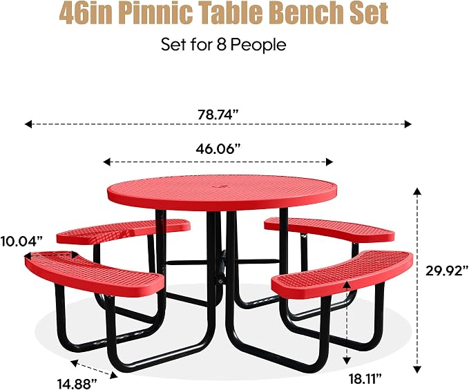 46" Round Picnic Tables for Outdoors,Commercial Metal Picnic Table Bench Set W/ Umbrella Hole,Restaurant School Canteen Tables W/Seats - Heavy Duty Sturdy Picnic Tables for Patio Garden Coffee Shop