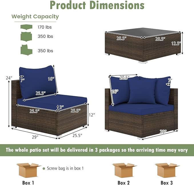 Tangkula 7 Piece Patio Wicker Furniture Set, Outdoor Rattan Sectional Sofa Set for 6 with Seat & Back Cushions, 2 Throw Pillows, Sofa Fastener Clips, for Backyard, Poolside, Deck (Mix Brown+Navy)