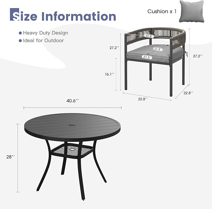 VICLLAX Patio Dining Set, 40.6" Black Table & 4 Chairs with Grey Cushion | Outdoor Table and Chairs Set of Round Metal Patio Table, Outdoor Dining Chairs with Metal Frame, Garden Deck Porch