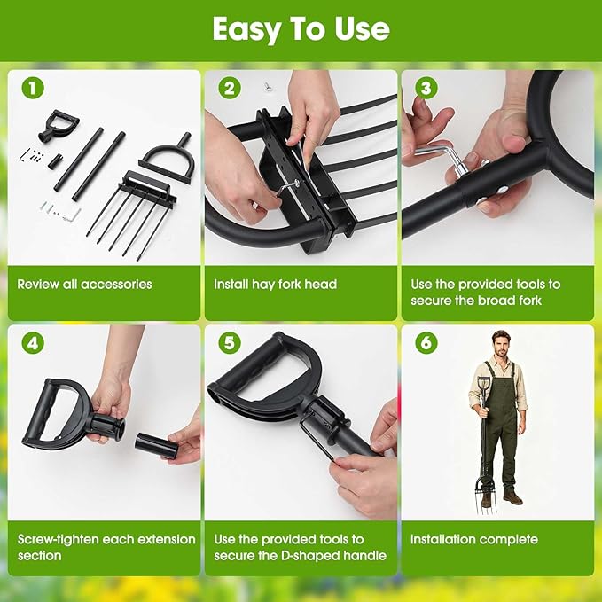 Broadfork Garden Tool, 55IN Pitch Fork for Gardening 5-Tine Heavy Duty Garden Fork with Ergonomic D-Grip Handle for Digging Loosening Soil Cultivating Weeding Composting